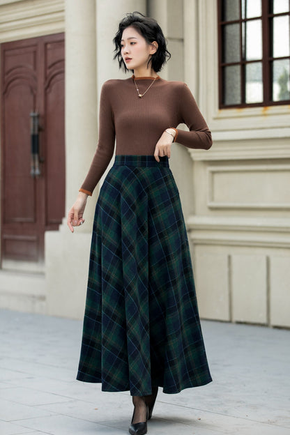 Plaid Wool Maxi Skirt – Vintage A-Line Winter Skirt with Pockets 5451