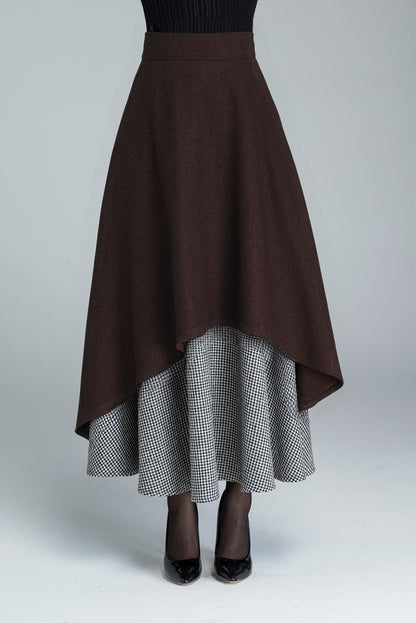 Handmade Layered Wool Maxi Skirt – Burgundy Swing with Houndstooth | Xiaolizi 5328