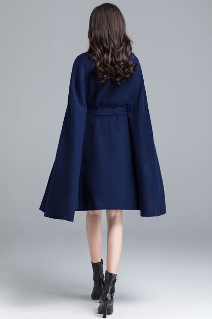 Blue Wool Cape Coat – Women’s Elegant Stand Collar Winter Cloak 2487