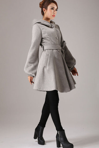 Gray Wool Coat with Lantern Sleeves - Hooded, Self Tie Belt Waist 759