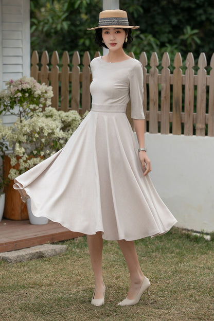 Beige Linen Midi Dress – Handmade Vintage A-Line Fit & Flare Dress with Pockets | Xiaolizi 6700 -Size XS #CK2600184