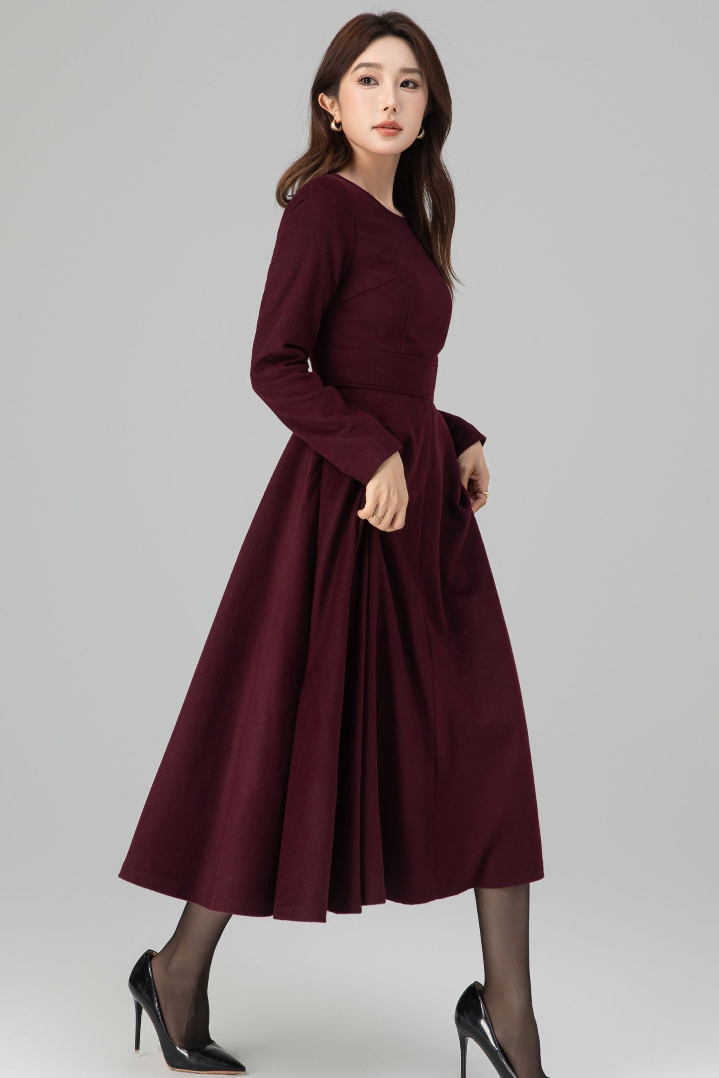 Burgundy Wool Dress – Handmade Long Sleeve Fit & Flare Winter Midi | Xiaolizi 6392