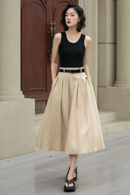 Pleated midi beige linen skirt with pockets 5237