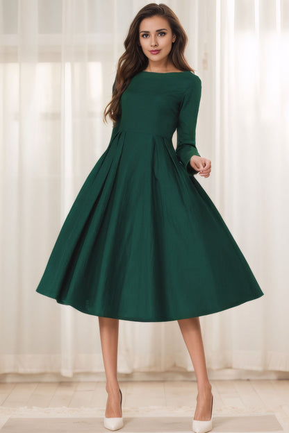 Brown Linen Dress - A-Line Silhouette with Boat Neck 5615