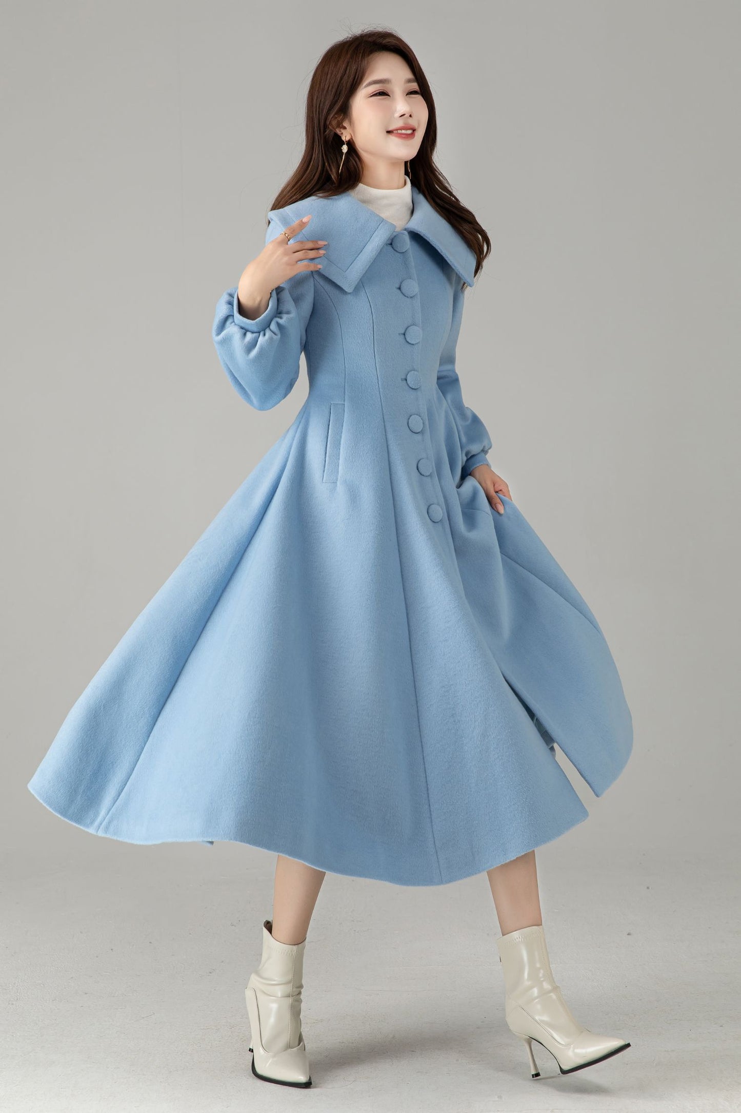 Sky Blue Wool Princess Coat – Vintage Fit and Flare Swing Winter Coat | Xiaolizi 6576