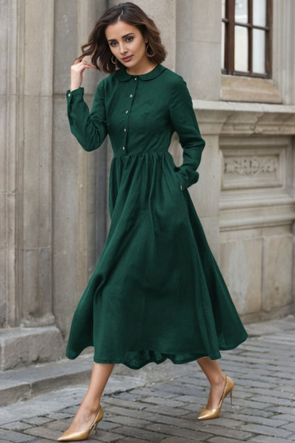 Green Linen Fit and Flare Midi Dress - Collared Neck with Pockets 5750