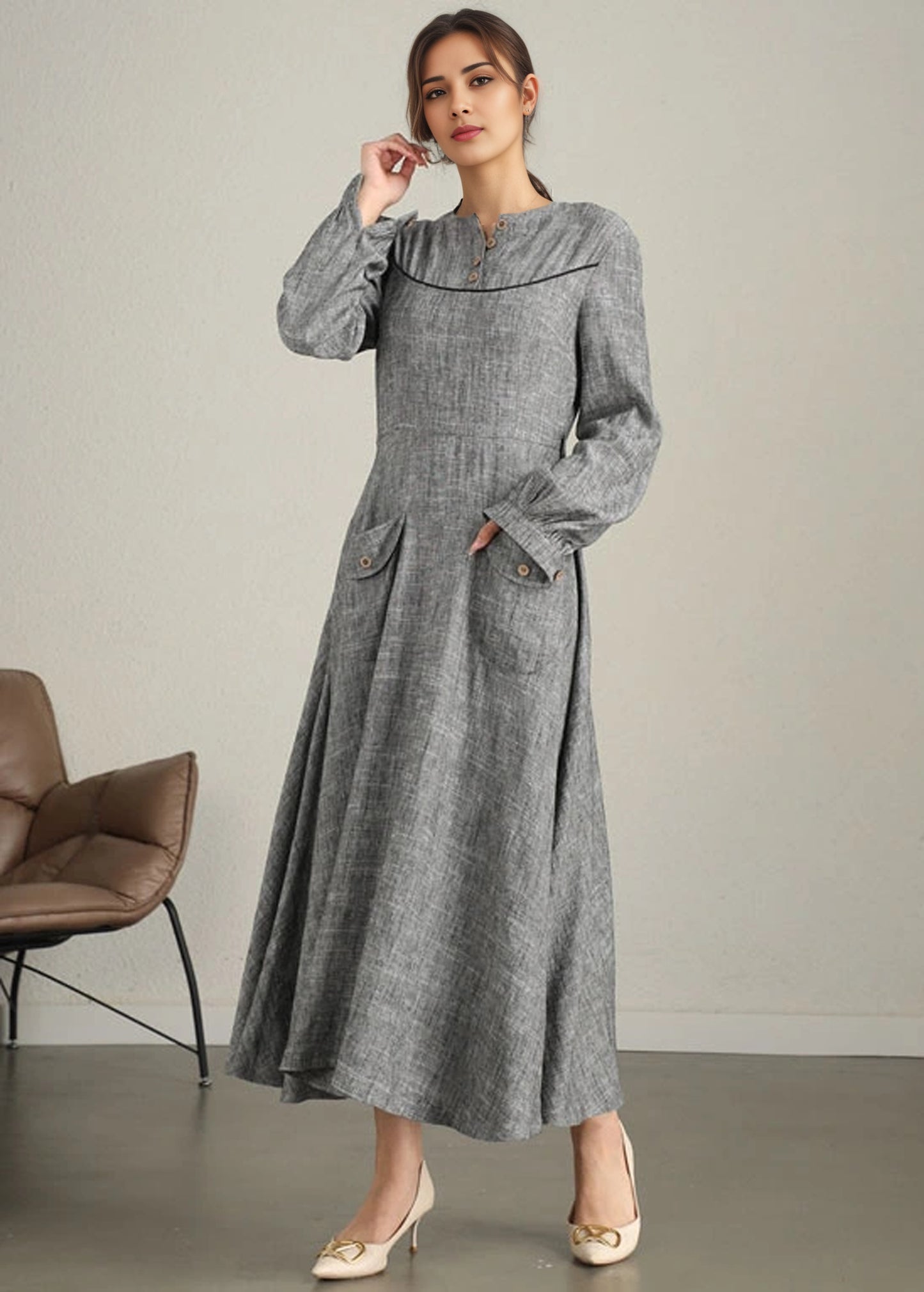 Grey Linen Cotton Maxi Dress - Long Sleeve Gathered Cuffs | Xiaolizi 6340