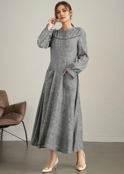 Grey Linen Cotton Maxi Dress - Long Sleeve Gathered Cuffs | Xiaolizi 6340
