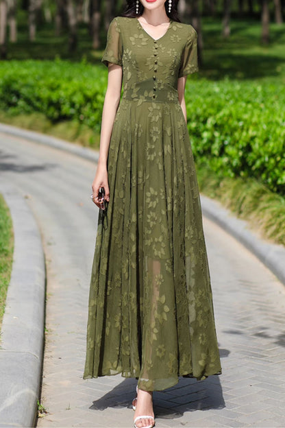 Olive Chiffon Maxi Dress - Fit and Flare Silhouette with V-Neckline 5085