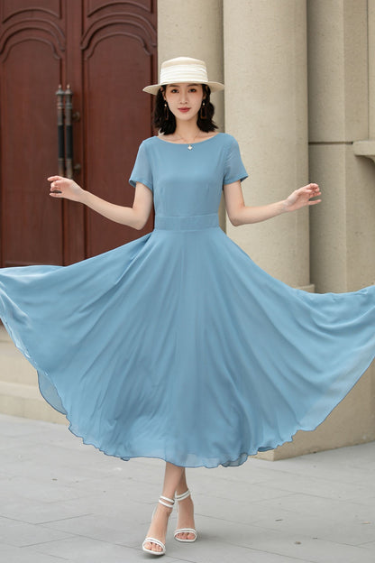Blue Chiffon Midi Dress - Swing Silhouette with Fitted Waist 5147