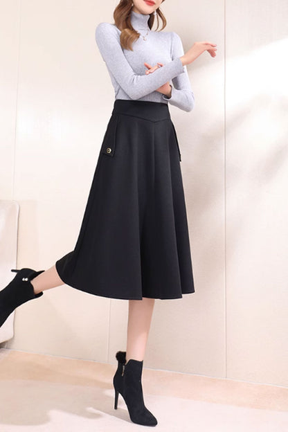 Brown Wool A-Line Midi Skirt - Warm with Pockets 4751