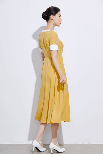 Handmade Yellow Linen Cotton Shirt Dress – Vintage Fit & Flare with Pockets 2317