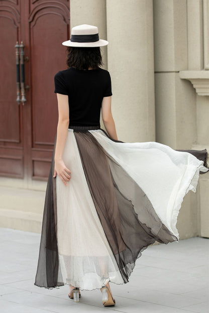 Black and Beige Chiffon Maxi Skirt - Bohemian A-Line Swing 5106