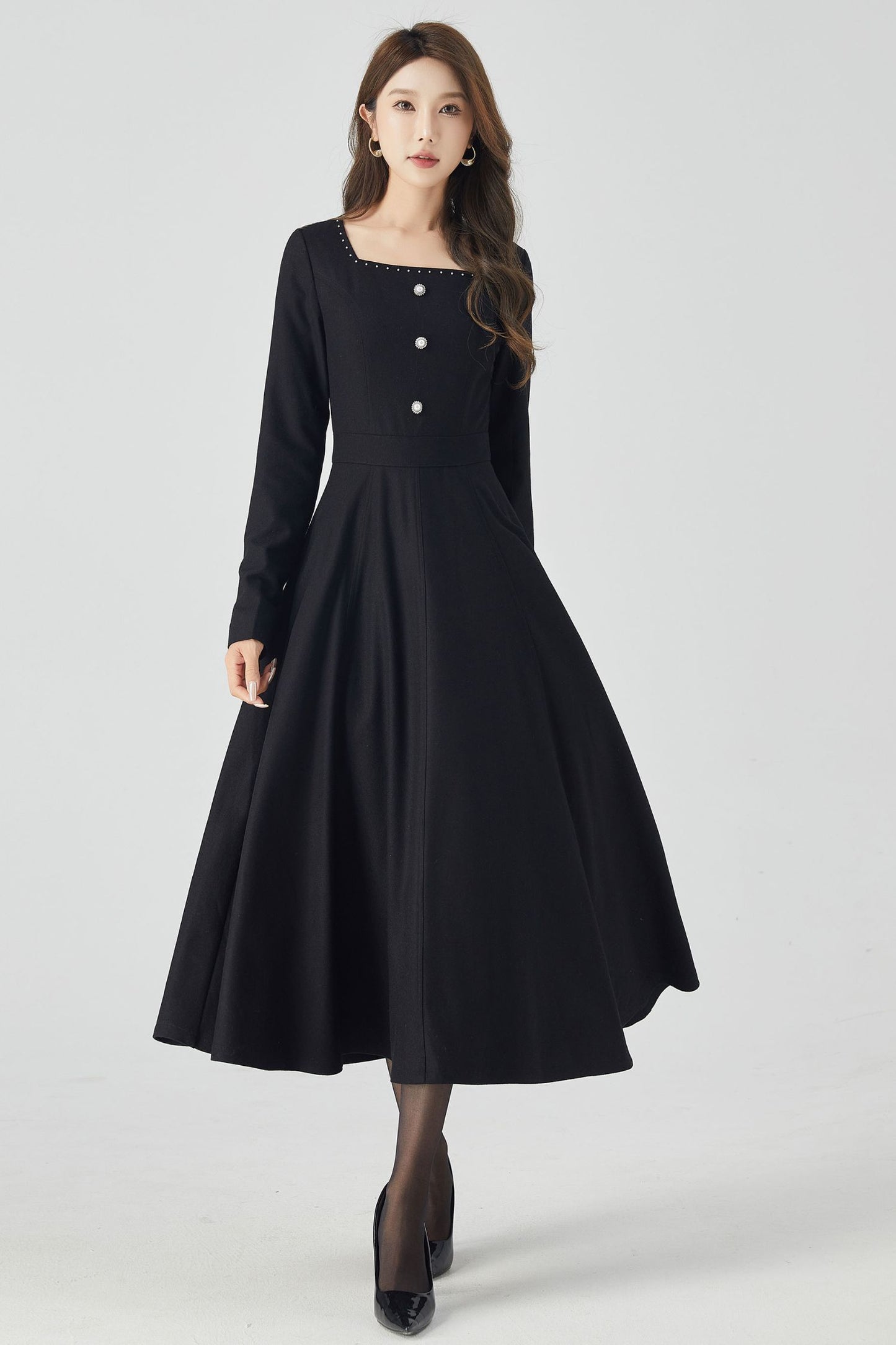 Long sleeves black midi wool dress 4521