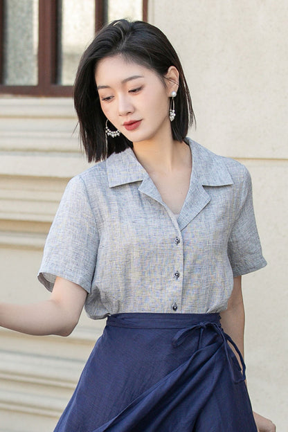 Light Grey Linen Blouse - Short Sleeve, Button-Up Shirt 4920