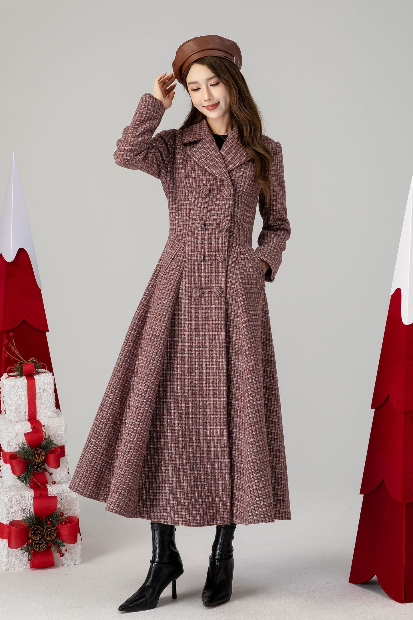 Vintage inspired plaid long wool coat 4614