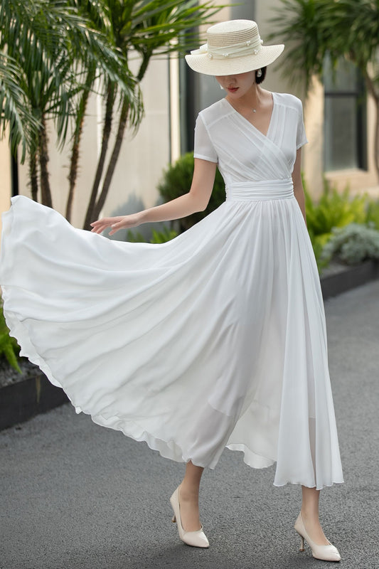 Handmade White Chiffon Maxi Dress – Vintage Empire Waist Dance Dress 6662