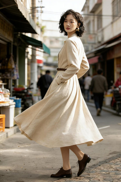 Beige Linen Cotton Midi Dress - Button Front Swing | Xiaolizi 6773