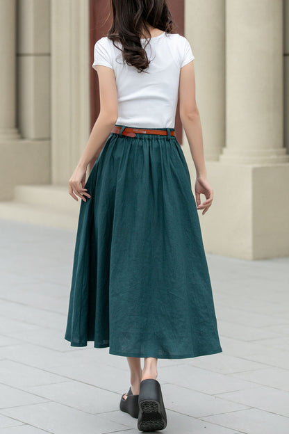Dark Green Linen Midi Skirt - A-Line with Button Detail 4970