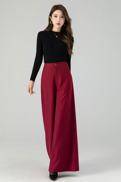 High waist burgundy wide leg long wool pants 4553