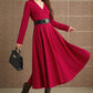 Red V neck prom midi wool dress 5357