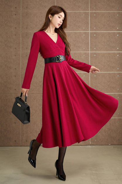 Vintage Wool Blend Midi Dress – Handmade Fit & Flare Winter Dress | Xiaolizi 5357
