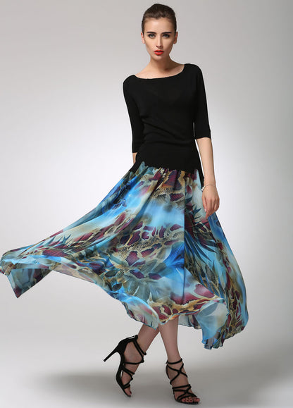 Abstract Print Chiffon Maxi Skirt for Women with Elastic Waist | Xiaolizi 1294