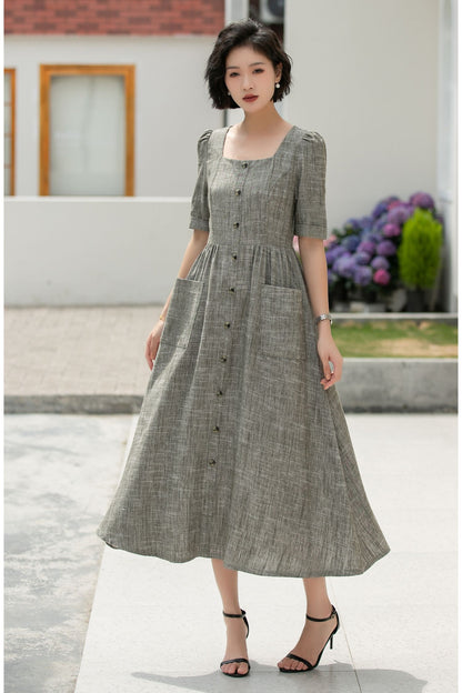 Gray Linen Cotton Midi Dress - Square Neckline with Puff Sleeves 5984
