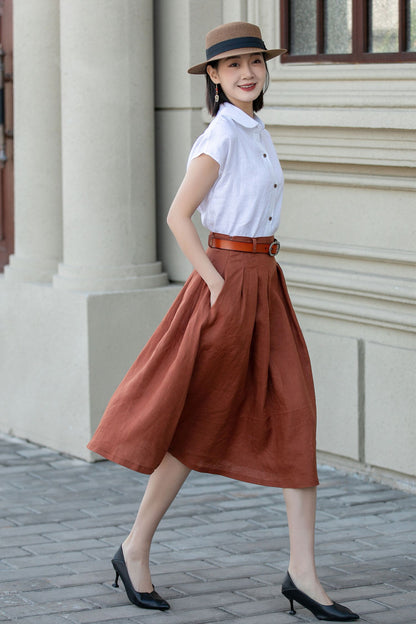 Rust Linen A-Line Midi Skirt - Pleated, Flowy Silhouette 4904