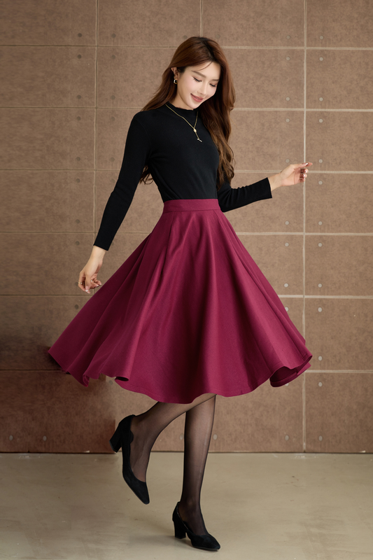 Burgundy knee length swing wool skirt 5362