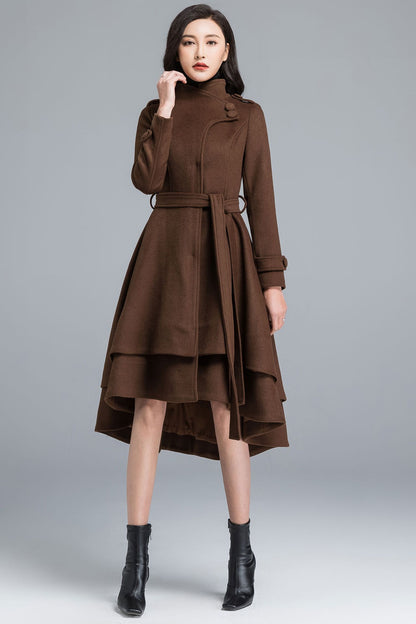 Brown Wool Coat - Asymmetrical Tiered Hem with Self Tie Belt c2491