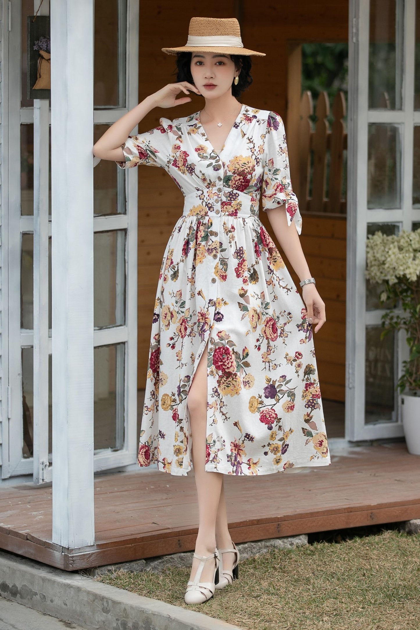 Xiaolizi Floral Linen Midi Dress – Vintage V Neck A-Line 6699