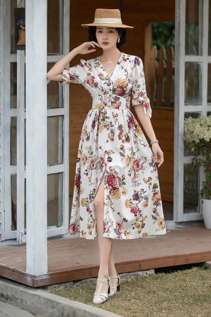 Xiaolizi Floral Linen Midi Dress – Vintage V Neck A-Line 6699