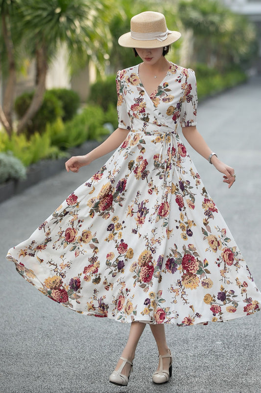 Floral Linen Cotton Wrap Midi Dress – Vintage V-Neck Summer Dress 6667