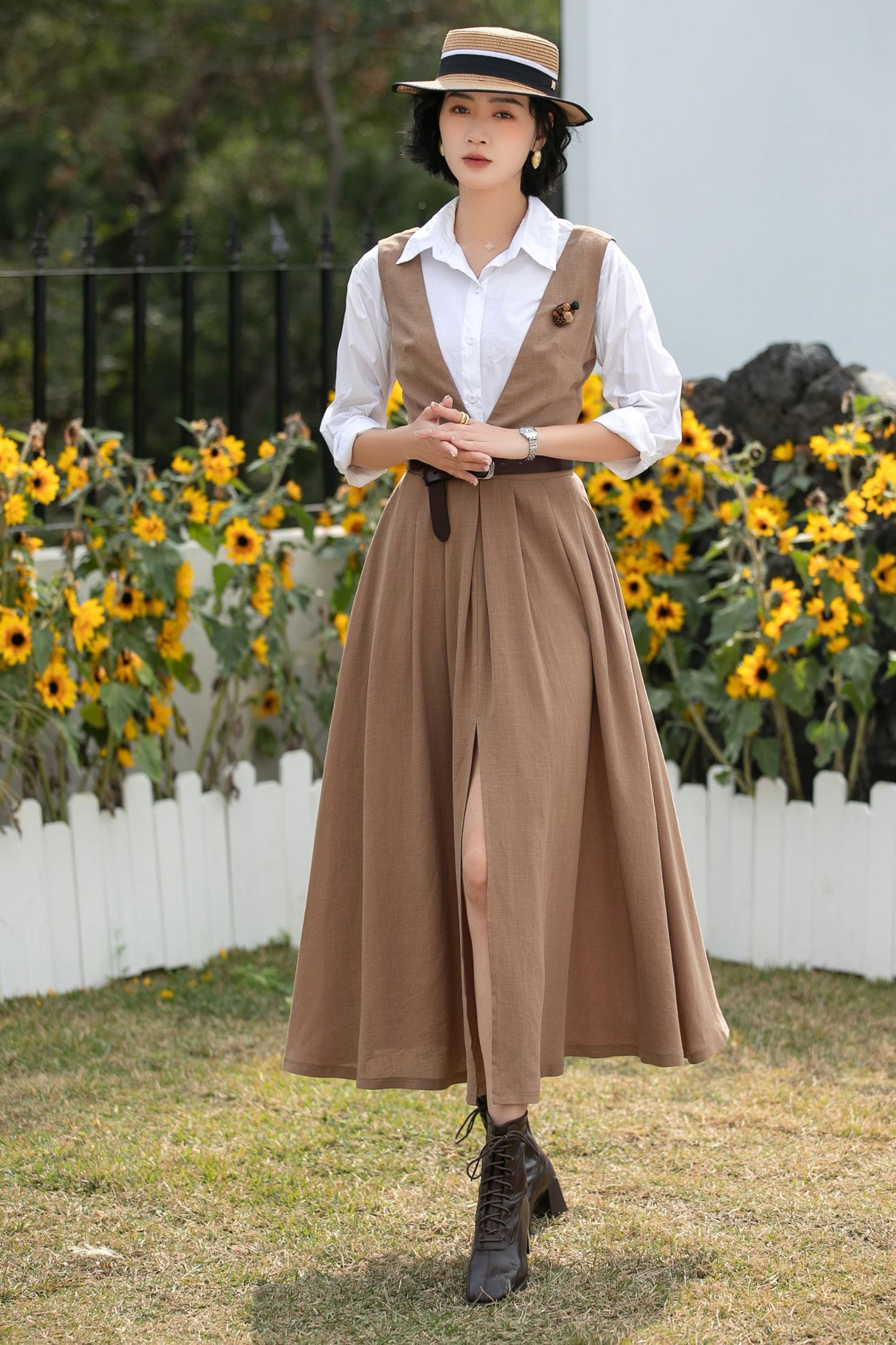 Xiaolizi Linen Pinafore Dress – Vintage V Neck Midi Swing Dress 6690