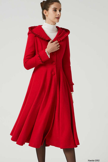 Red Ruffle Wool Coat for Women – Fit & Flare Winter Hooded Overcoat | Xiaolizi 2052