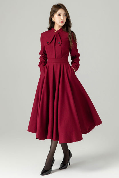 Burgundy Wool Blend Vintage Dress – Long Sleeve Fitted Waist Flared Midi 4490