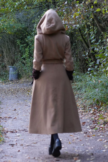 Camel Wool Trench Coat with Hood - Two-Tone Contrast Cuffs 4725
