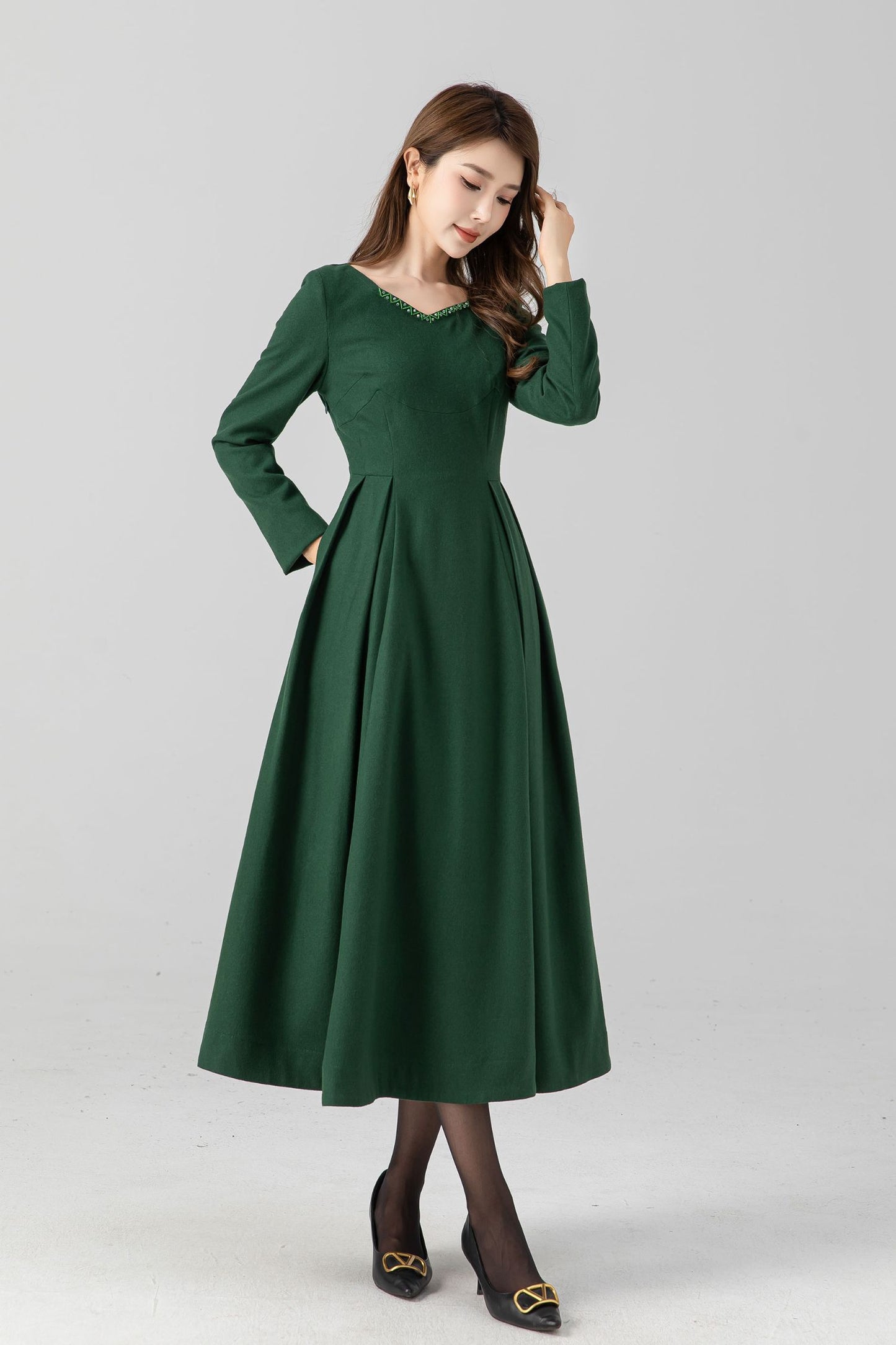 Green fit and flare midi wool dress women 4670