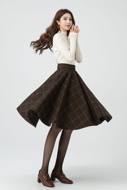 Brown Plaid Wool Midi Skirt – Vintage High Waist Pleated Circle Skirt 5323