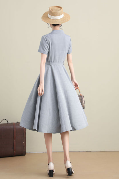 Handmade Cotton Linen Shirt Dress – Short Sleeve Summer Midi with Pockets | Xiaolizi 3272
