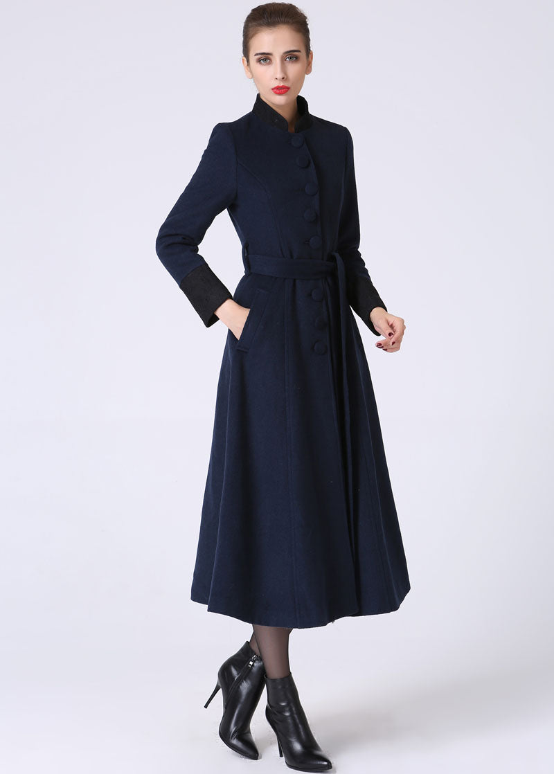 Handmade Wool Coat – Vintage Mandarin Collar Winter Maxi Overcoat 1061