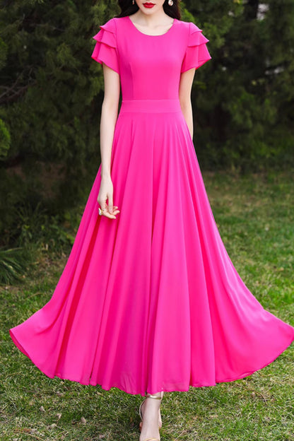 Rose Red Chiffon Maxi Dress - Flowing Skirt, Short Sleeve 5103