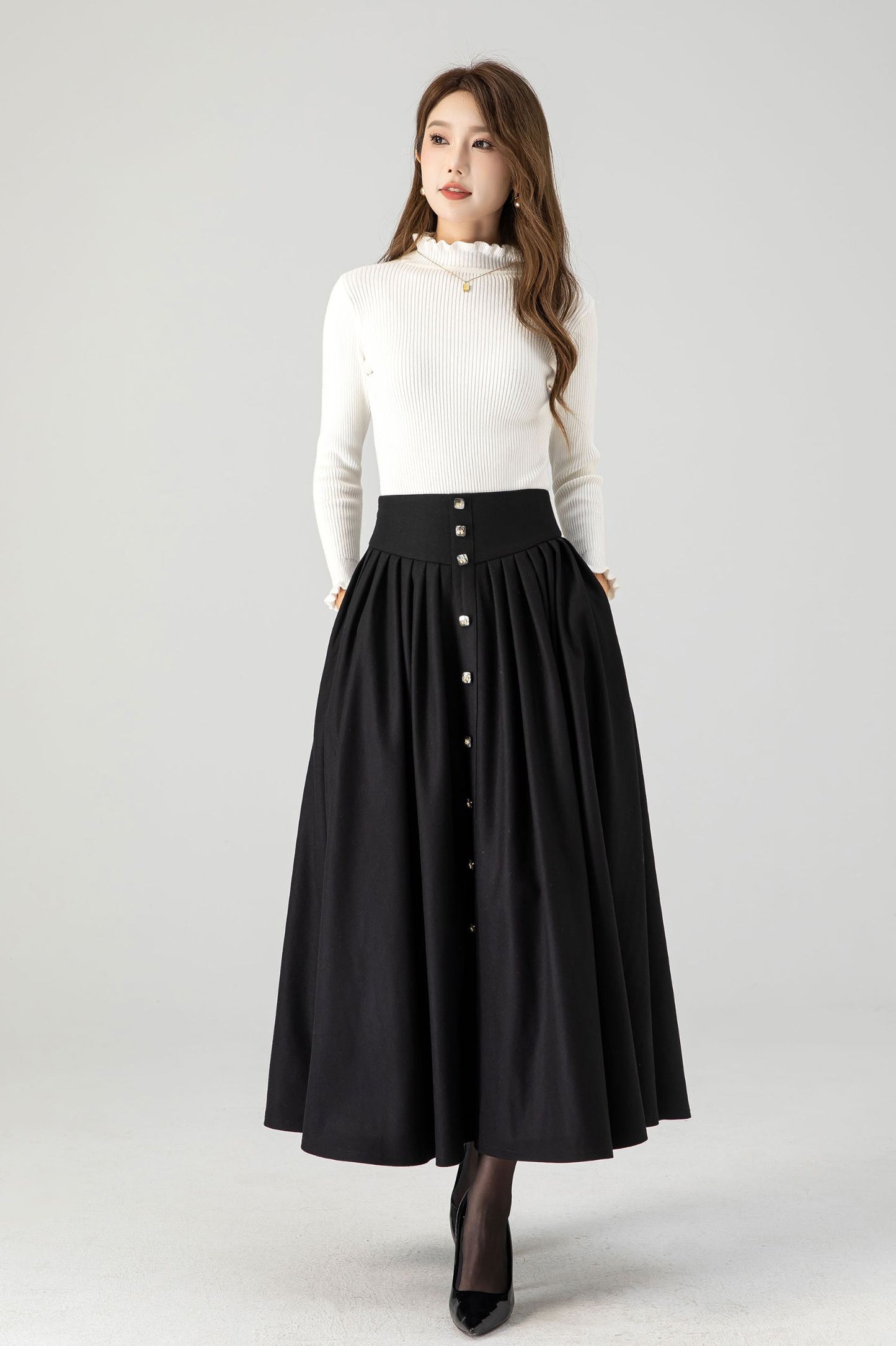 Swing black long pleated wool skirt 4611