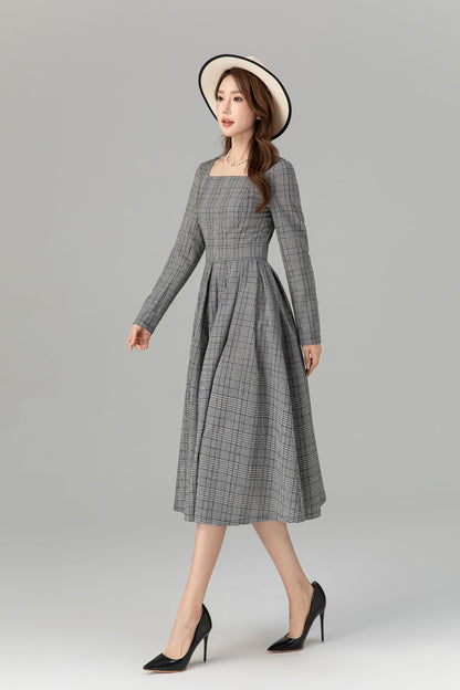 Plaid Linen Midi Dress - Swing Silhouette with Long Sleeves 4935