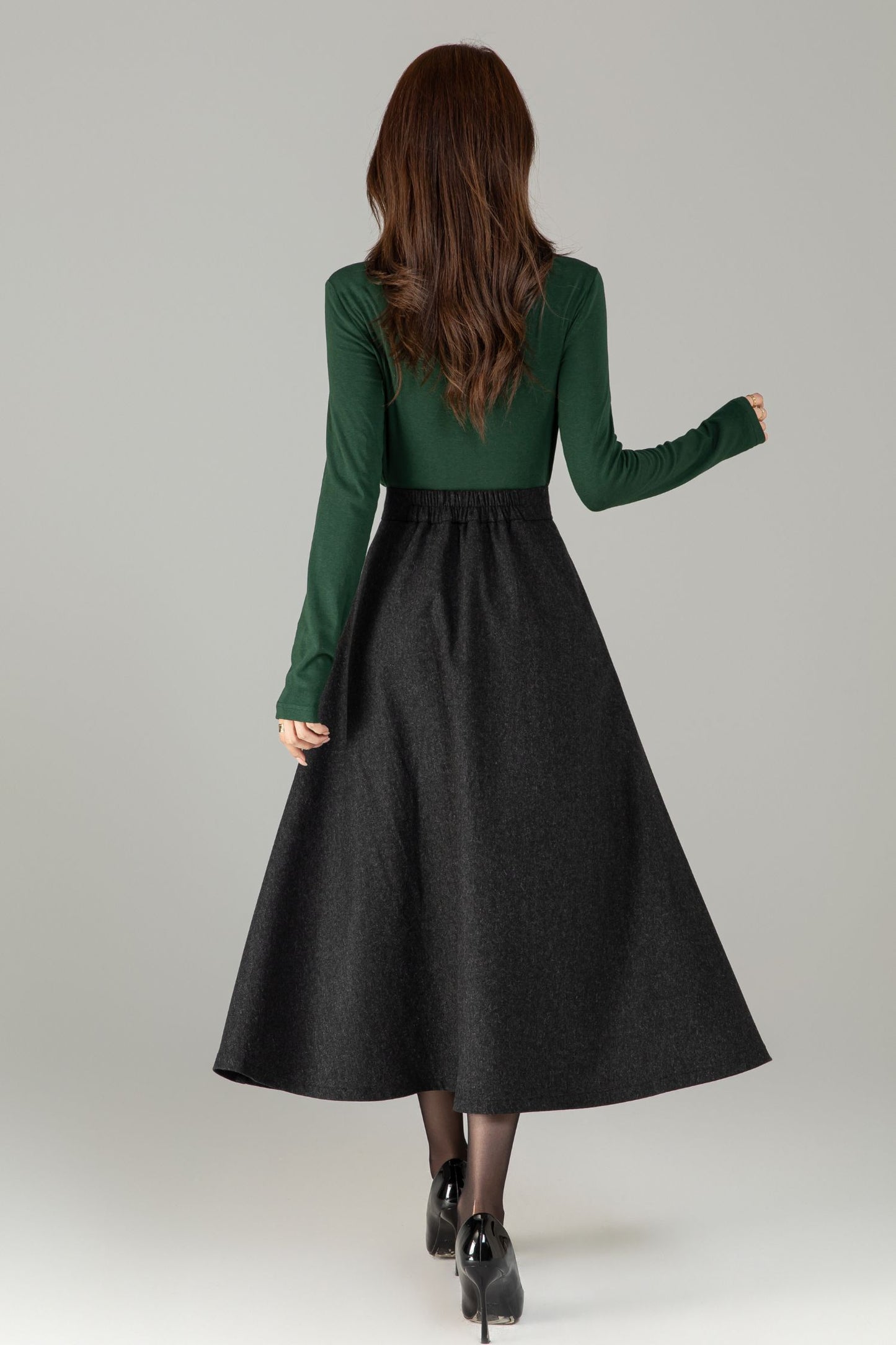 Xiaolizi Classic Pleated Wool-Blend A-Line Midi Skirt – Plus-Size Winter Black 6503