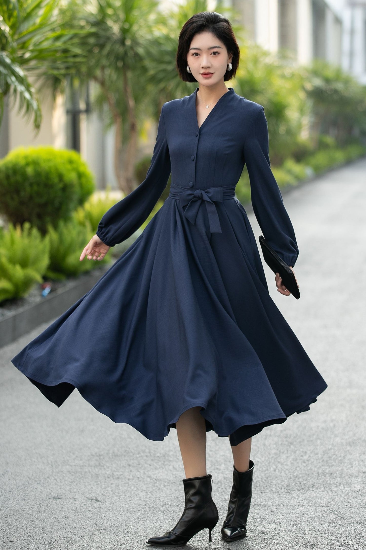 Handmade Navy Blue Button-Front Midi Dress – Vintage Long Sleeve Swing Dress 6659 -Size XS #CK2600029