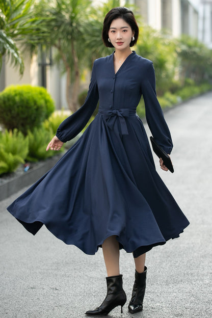 Handmade Navy Blue Button-Front Midi Dress – Vintage Long Sleeve Swing Dress 6659 -Size XS #CK2600029
