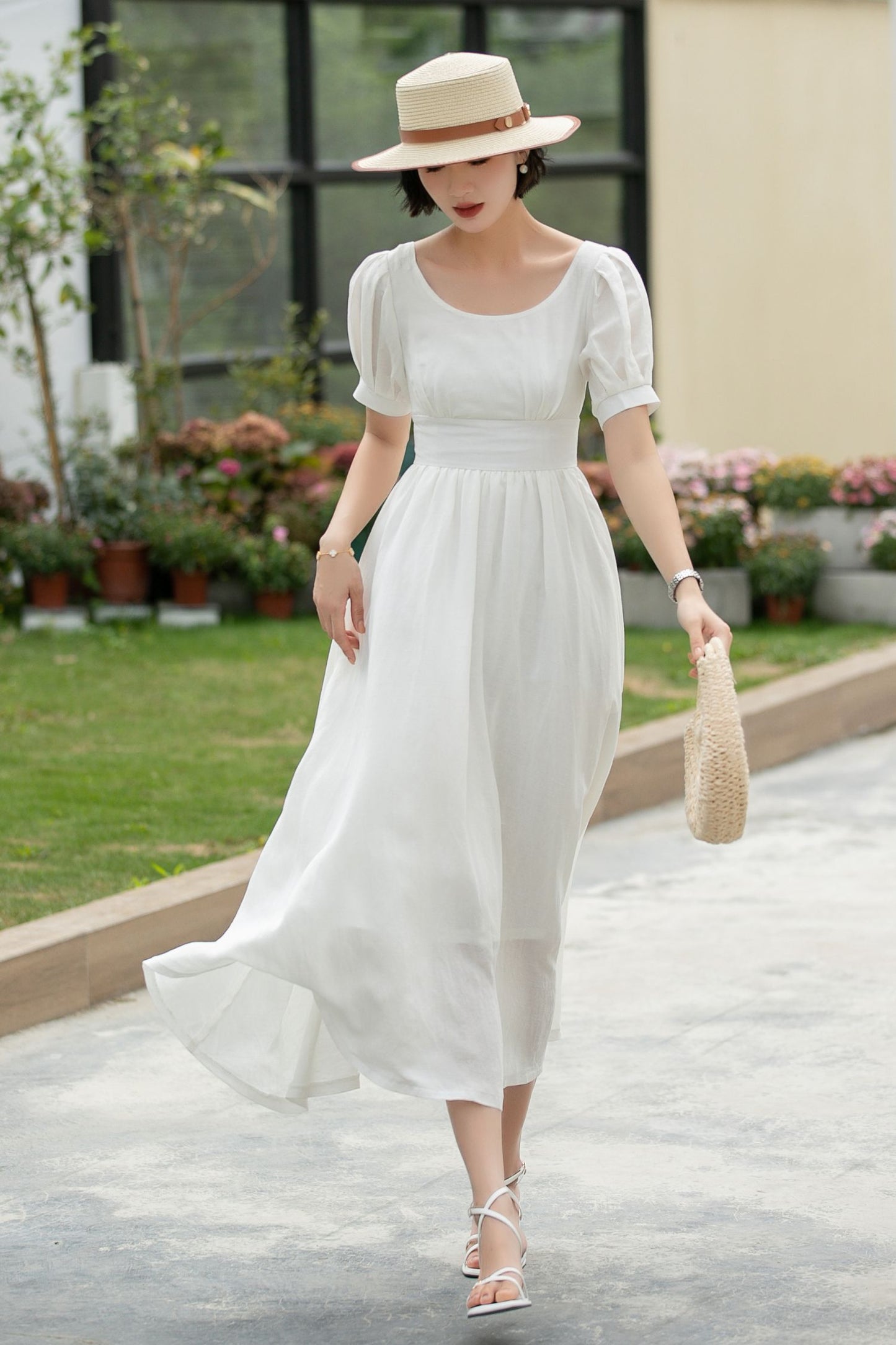 White Linen swing Wedding Dress 5983