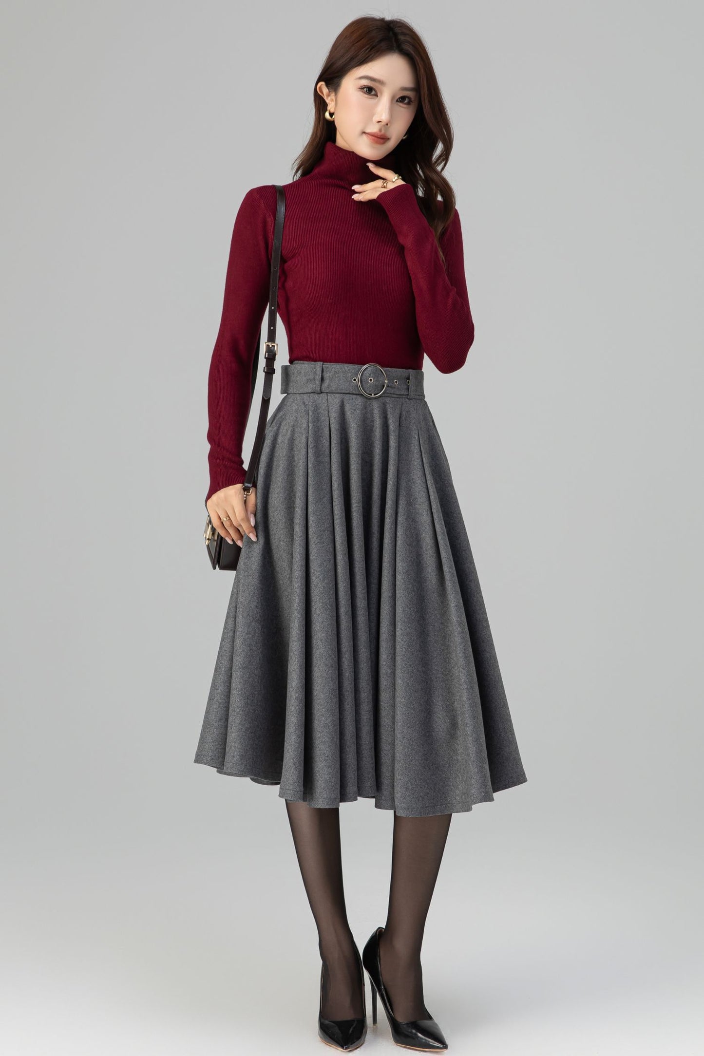 Grey Wool Midi Skirt – Handmade High Waist Vintage Pleated Skater Skirt 6398